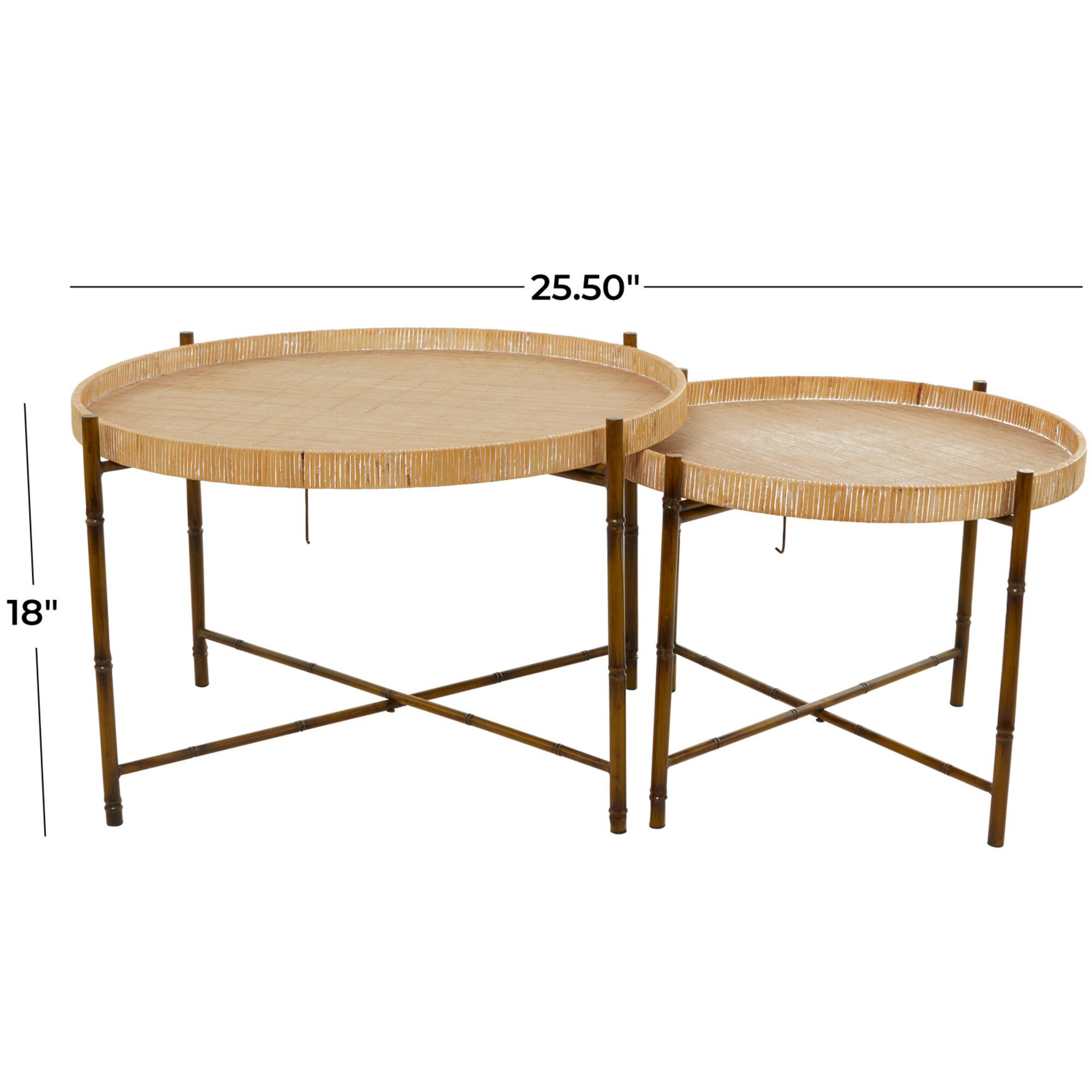 Brown Rattan Nesting Accent Table with Metal Bamboo Inspired Legs Set of 2 20", 18"